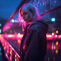 a woman standing in front of neon lights at night generative ai photo