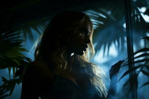 a woman standing in front of a window with smoke coming out of it generative ai photo