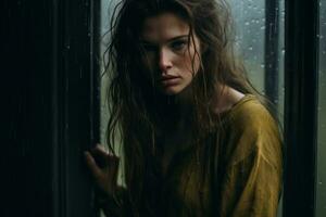 un mujer en pie en frente de un ventana en el lluvia generativo ai foto