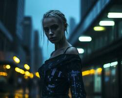 a woman standing in the middle of a city street at night generative ai photo