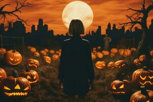 a woman standing in front of pumpkins in a field with a full moon in the background generative ai photo