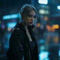 a woman standing in the rain at night generative ai photo