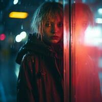 a woman standing in the rain with a red light behind her generative ai photo