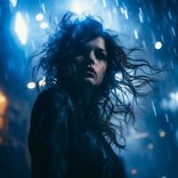 a woman standing in the rain with her hair blowing in the wind generative ai photo
