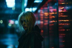 a woman standing in the rain with neon lights behind her generative ai photo