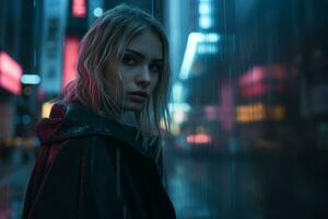 a woman standing in the rain with neon lights in the background generative ai photo