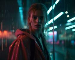 a woman standing in the rain with neon lights generative ai photo