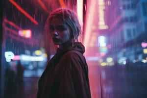 a woman standing in the rain with neon lights generative ai photo