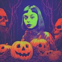 a woman surrounded by pumpkins and skulls generative ai photo