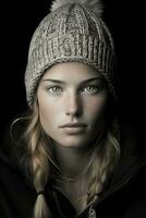 a woman wearing a beanie and a black jacket generative ai photo