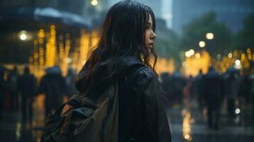 un mujer caminando en el lluvia con un mochila generativo ai foto