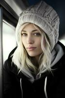 a woman wearing a beanie on a train generative ai photo