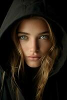 a woman wearing a black hoodie generative ai photo