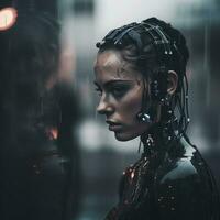 a woman wearing a cyber suit in the rain generative ai photo