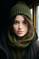 a woman wearing a green beanie and a green scarf generative ai photo