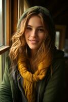 a woman wearing a green jacket and a yellow scarf generative ai photo