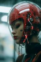 a woman wearing a futuristic helmet with red lights generative ai photo