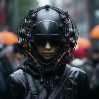 a woman wearing a helmet with a bunch of wires attached to it generative ai photo