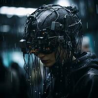 a woman wearing a helmet with wires attached to it in the rain generative ai photo