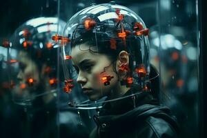 a woman wearing a helmet with red lights on it generative ai photo