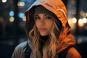 un mujer vistiendo un encapuchado chaqueta en el ciudad a noche generativo ai foto