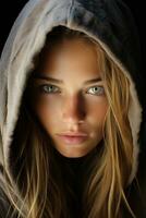 a woman wearing a hooded sweatshirt generative ai photo