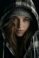 a woman wearing a hoodie and a beanie generative ai photo