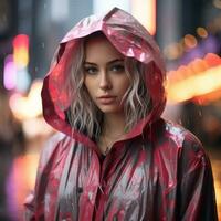 a woman wearing a pink raincoat in the rain generative ai photo