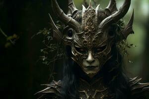 a woman wearing a mask with horns in the woods generative ai photo