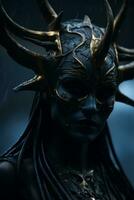 a woman wearing a mask with horns on her head generative ai photo