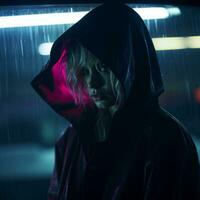 a woman wearing a red hooded jacket in the rain generative ai photo