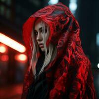 a woman wearing a red hooded coat in the city at night generative ai photo