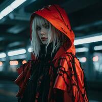 a woman wearing a red hooded jacket standing in an empty parking lot generative ai photo