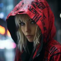 a woman wearing a red hooded jacket generative ai photo
