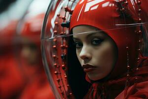 a woman wearing a red helmet and a red coat generative ai photo