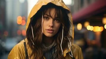 a woman wearing a yellow raincoat on a city street generative ai photo