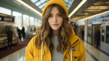 un mujer vistiendo un amarillo chaqueta en un aeropuerto generativo ai foto