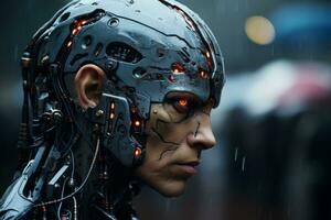 a woman wearing a robot head with glowing eyes in the rain generative ai photo