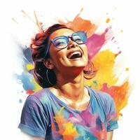 a woman wearing glasses and a colorful shirt is laughing generative ai photo