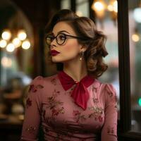 un mujer vistiendo lentes y un rosado vestir posando en frente de un ventana generativo ai foto