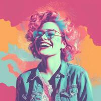 a woman wearing glasses and a denim jacket is smiling in front of a colorful background generative ai photo