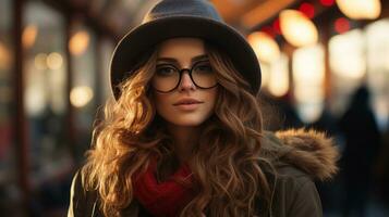 a woman wearing glasses and a hat generative ai photo