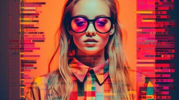 a woman wearing glasses and a colorful shirt generative ai photo