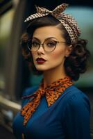 a woman wearing glasses and a headband in front of a car generative ai photo