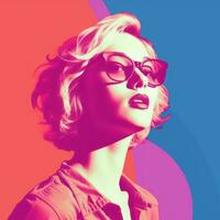 a woman wearing glasses in front of a colorful background generative ai photo