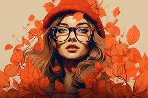 a woman wearing glasses and a red hat is surrounded by autumn leaves generative ai photo