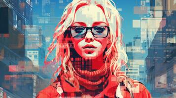 a woman wearing glasses and a red sweater in front of a cityscape generative ai photo