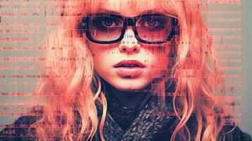 a woman wearing glasses and a scarf in front of a computer screen generative ai photo