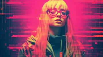 a woman wearing glasses and a jacket in front of a colorful background generative ai photo