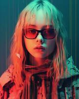 a woman wearing glasses and a scarf in front of a colorful background generative ai photo